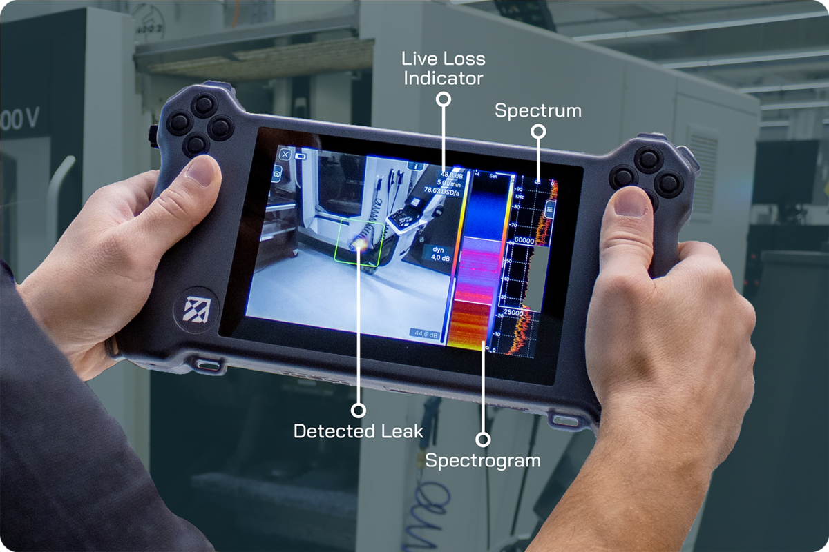 Leak detection with sonascreen with live loss display and spectrogram